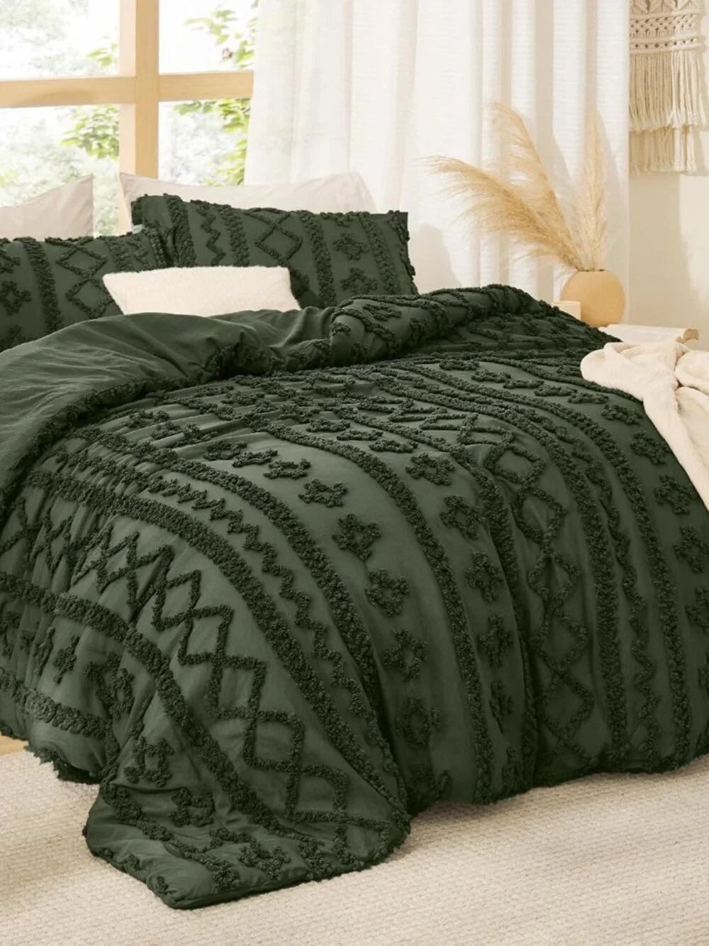 Tufted Boho Comforter Set Queen Size - Olive Green Boho Bed Set, GentleSoft 3 Pi